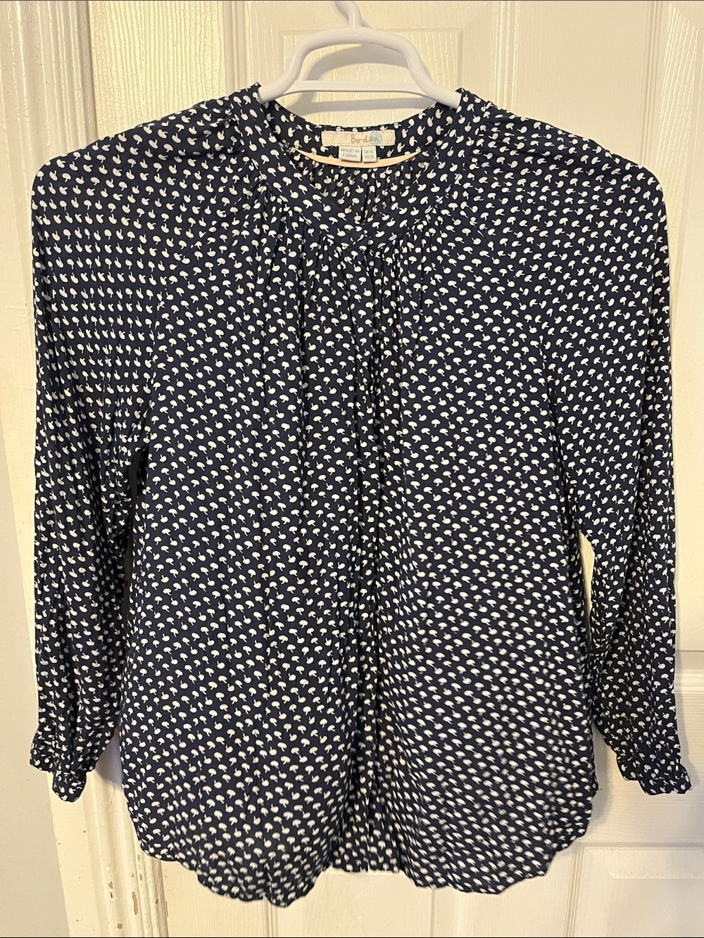 Boden Navy and White Button Down Printed Long-Sleeve Viscose Blouse
